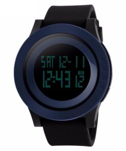 Montre quartz tendance sport noire/ lunette bleue avec bracelet en silicone