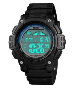 Chrono sport homme multifonctions, antichocs/étanche noir/bleu design rétro
