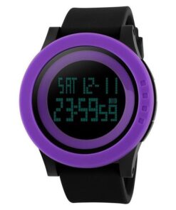Montre mode sport à quartz noir / lunette violet avec bracelet en silicone